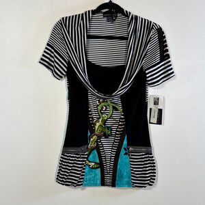 Frank Lyman Tunic Top Women’s Size 4 Black White Striped Cowl Neck Zippers Blue